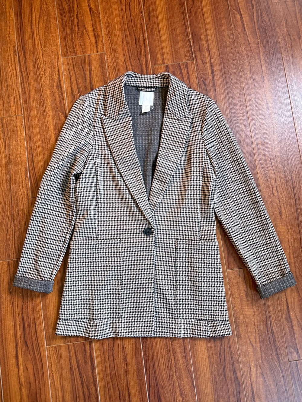 H&M brown and cream houndstooth single-button blazer sz 0